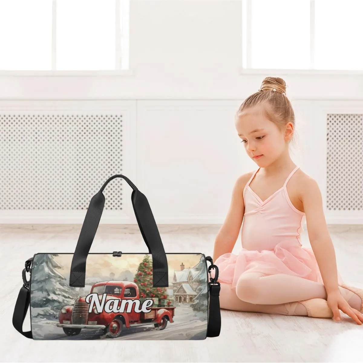 Personalized Sport Gym Bag Dance Duffle Ballet Bag Overnight Travel Sleepover Bags Swimming Hiking Camping, Red Truck with Christmas Tree