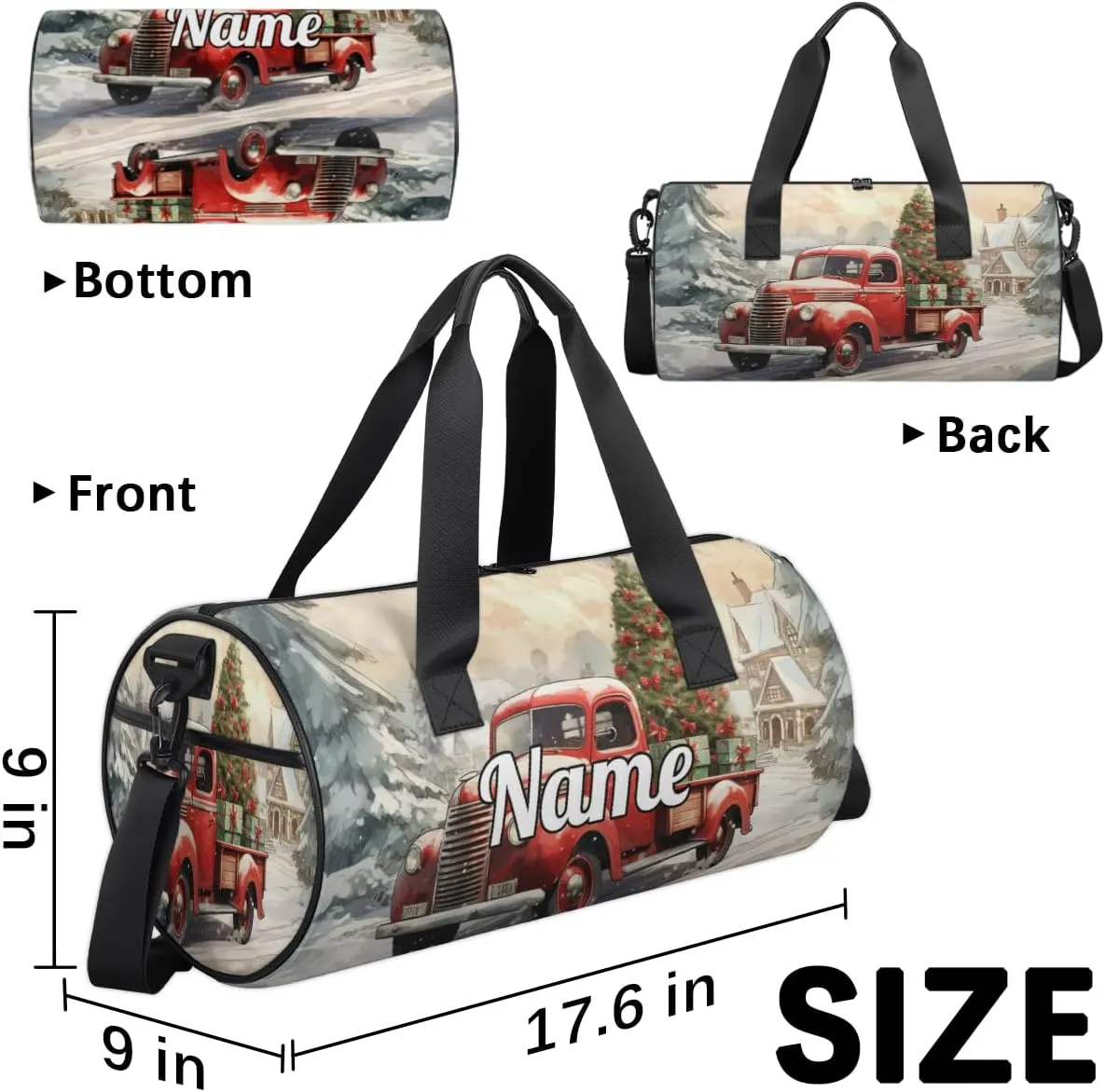 Personalized Sport Gym Bag Dance Duffle Ballet Bag Overnight Travel Sleepover Bags Swimming Hiking Camping, Red Truck with Christmas Tree