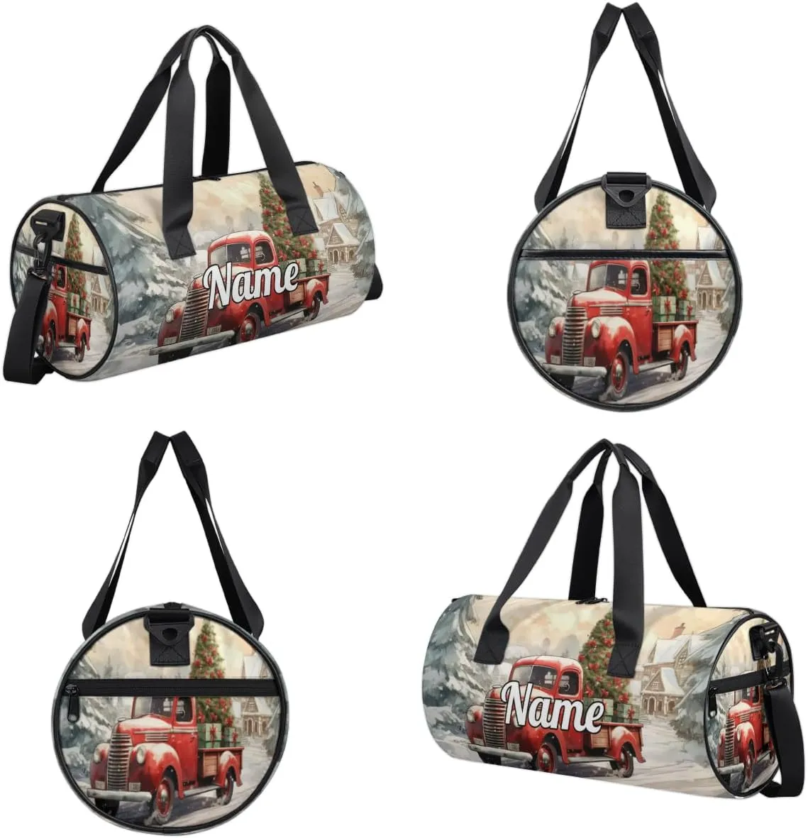 Personalized Sport Gym Bag Dance Duffle Ballet Bag Overnight Travel Sleepover Bags Swimming Hiking Camping, Red Truck with Christmas Tree