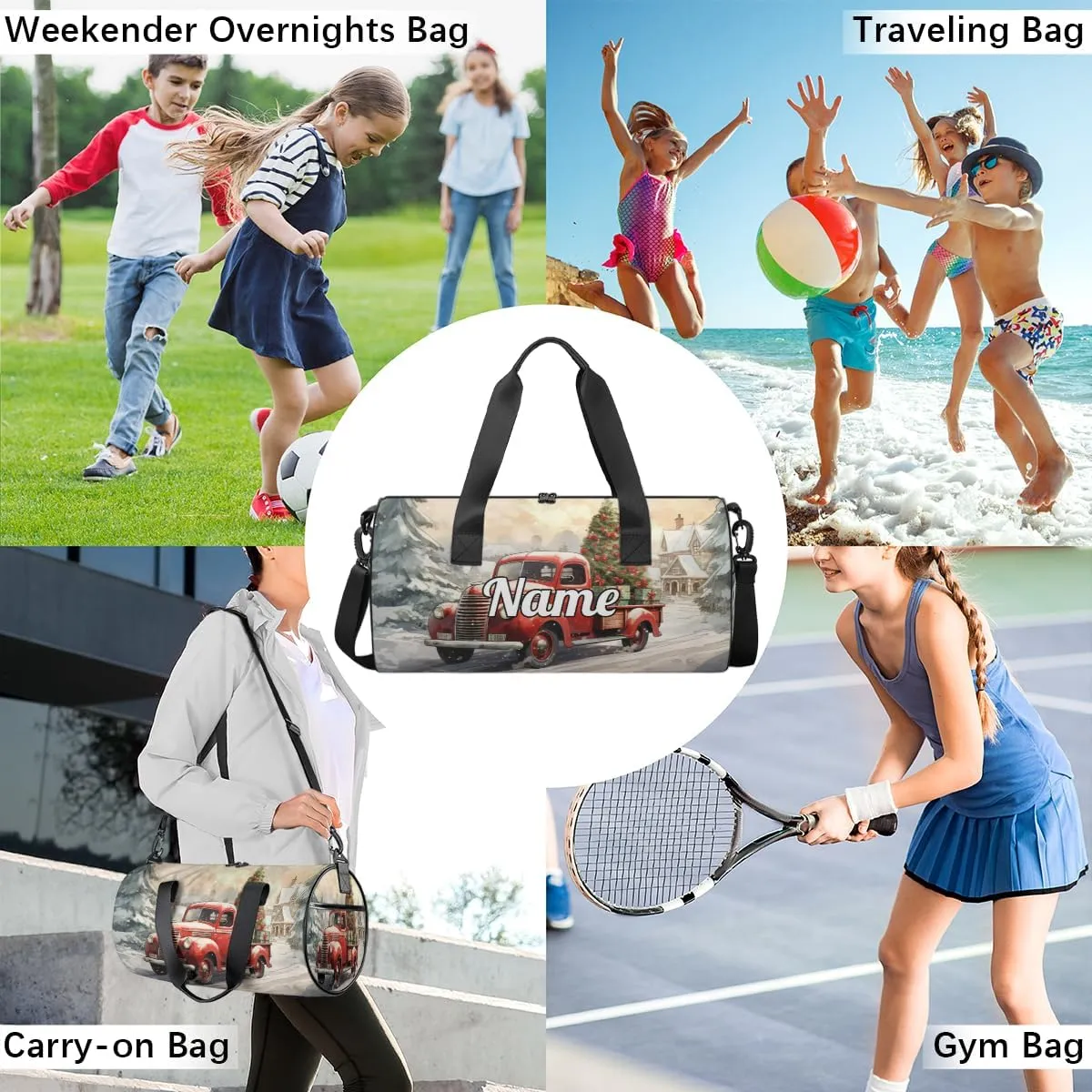 Personalized Sport Gym Bag Dance Duffle Ballet Bag Overnight Travel Sleepover Bags Swimming Hiking Camping, Red Truck with Christmas Tree