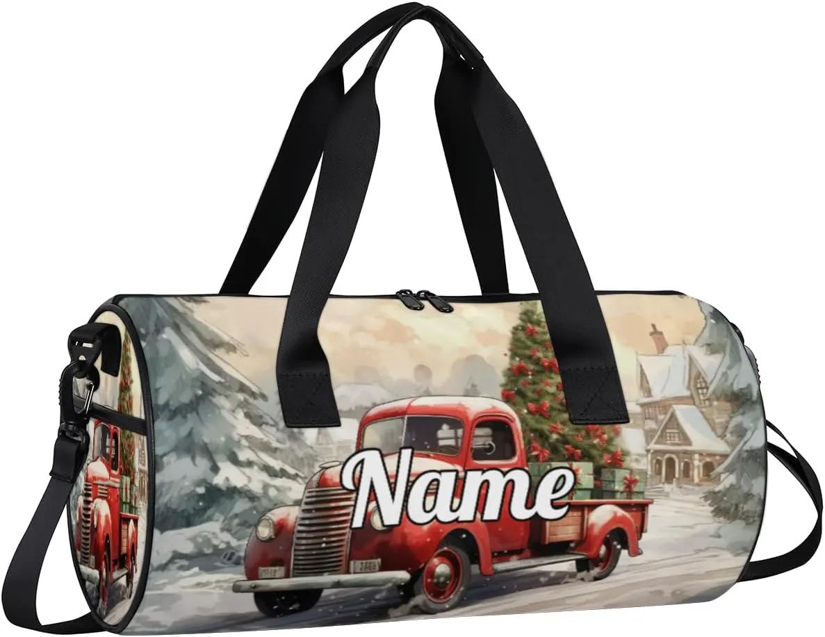 Personalized Sport Gym Bag Dance Duffle Ballet Bag Overnight Travel Sleepover Bags Swimming Hiking Camping, Red Truck with Christmas Tree