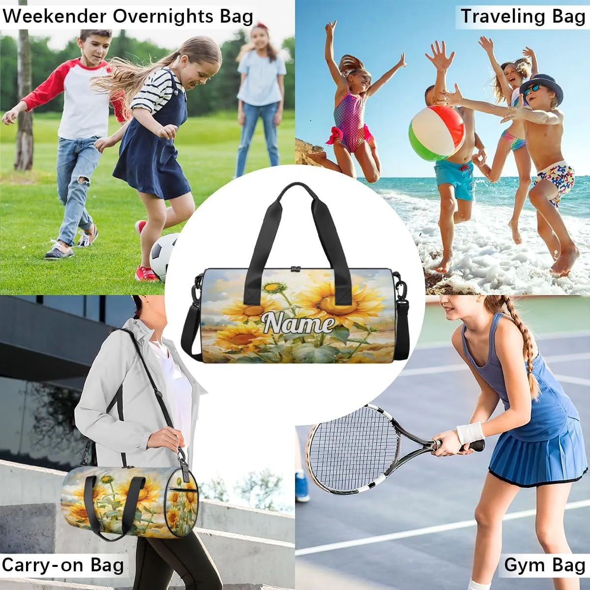 Personalized Sport Gym Bag Dance Duffle Ballet Bag Overnight Travel Sleepover Bags Swimming Hiking Camping, Sunflower Spring Floral