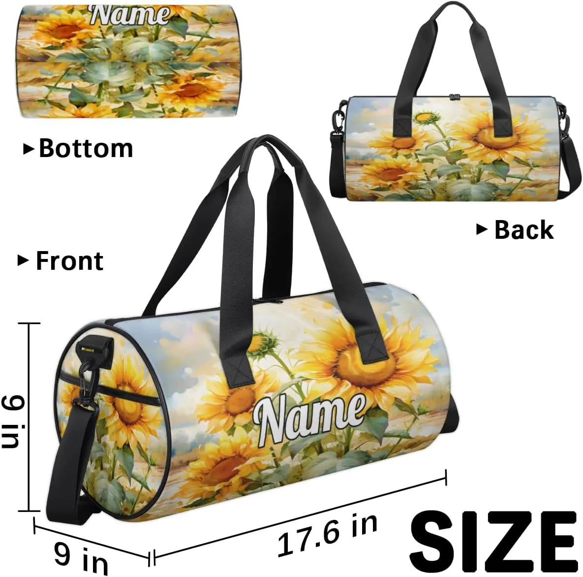 Personalized Sport Gym Bag Dance Duffle Ballet Bag Overnight Travel Sleepover Bags Swimming Hiking Camping, Sunflower Spring Floral