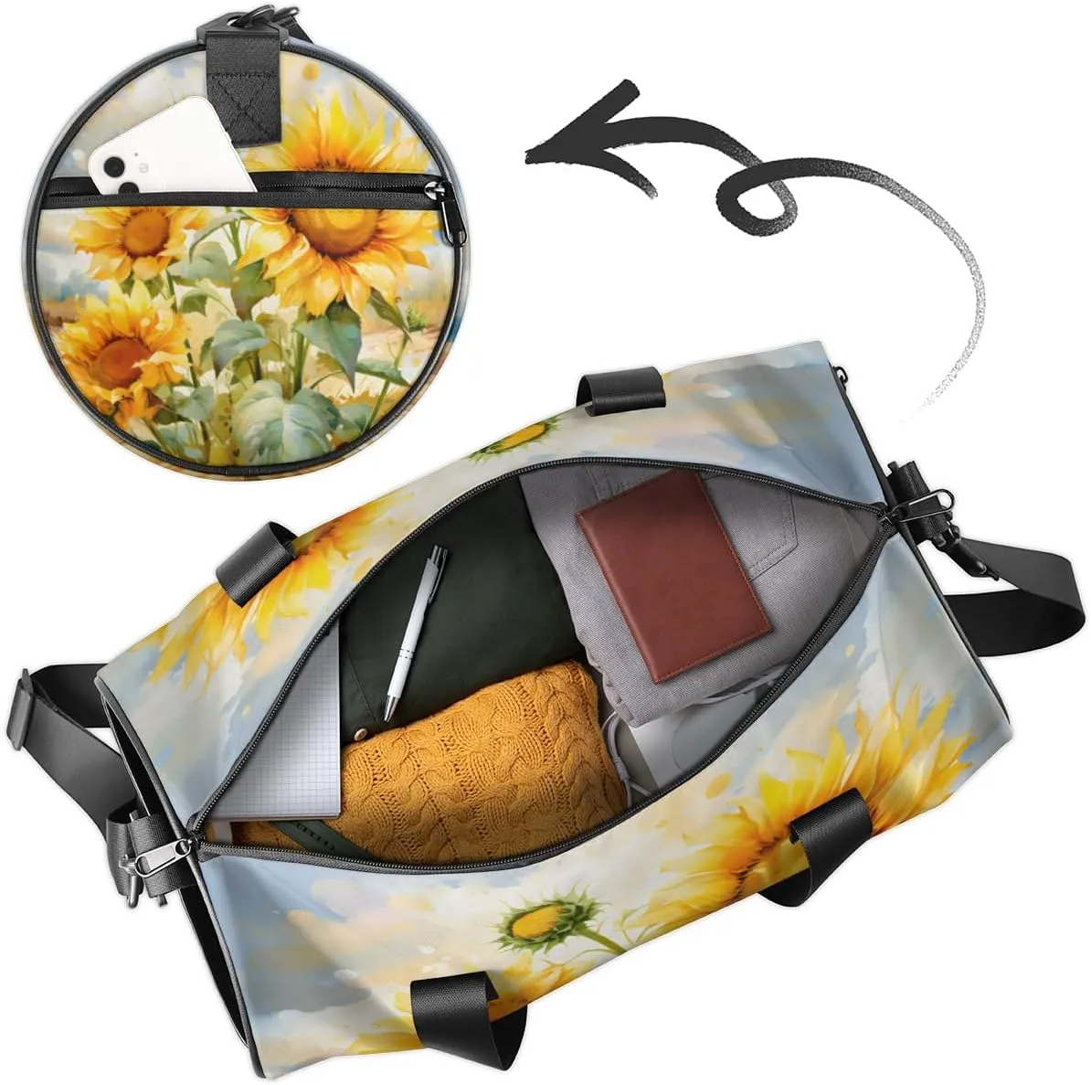 Personalized Sport Gym Bag Dance Duffle Ballet Bag Overnight Travel Sleepover Bags Swimming Hiking Camping, Sunflower Spring Floral