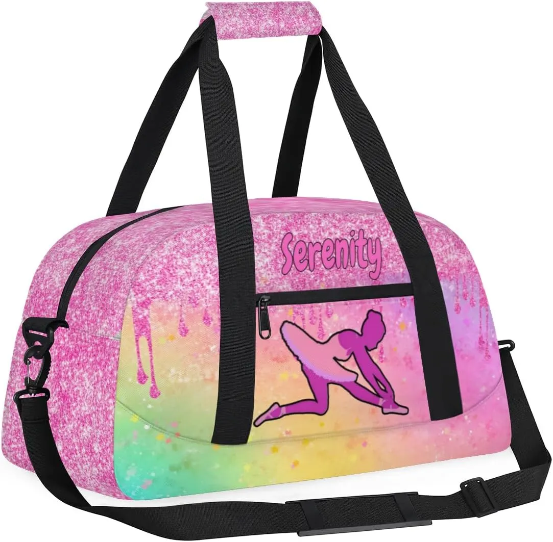 Personalized Sports Gym Dance Bag with Name, Custom Dancing Ballet Duffel Bag Weekender Bags Overnight Travel Duffel Bag, Watercolor Yellow Pink with Bright Pink Glitter