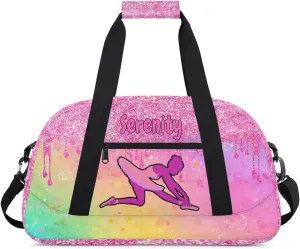 Personalized Sports Gym Dance Bag with Name, Custom Dancing Ballet Duffel Bag Weekender Bags Overnight Travel Duffel Bag, Watercolor Yellow Pink with Bright Pink Glitter