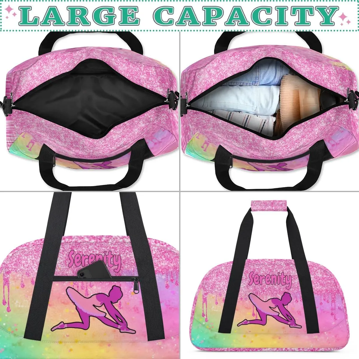 Personalized Sports Gym Dance Bag with Name, Custom Dancing Ballet Duffel Bag Weekender Bags Overnight Travel Duffel Bag, Watercolor Yellow Pink with Bright Pink Glitter