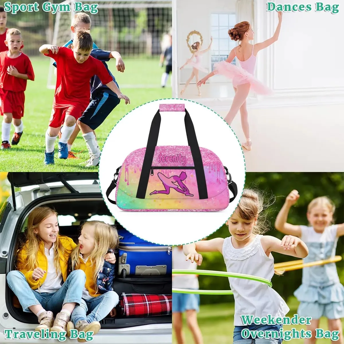 Personalized Sports Gym Dance Bag with Name, Custom Dancing Ballet Duffel Bag Weekender Bags Overnight Travel Duffel Bag, Watercolor Yellow Pink with Bright Pink Glitter