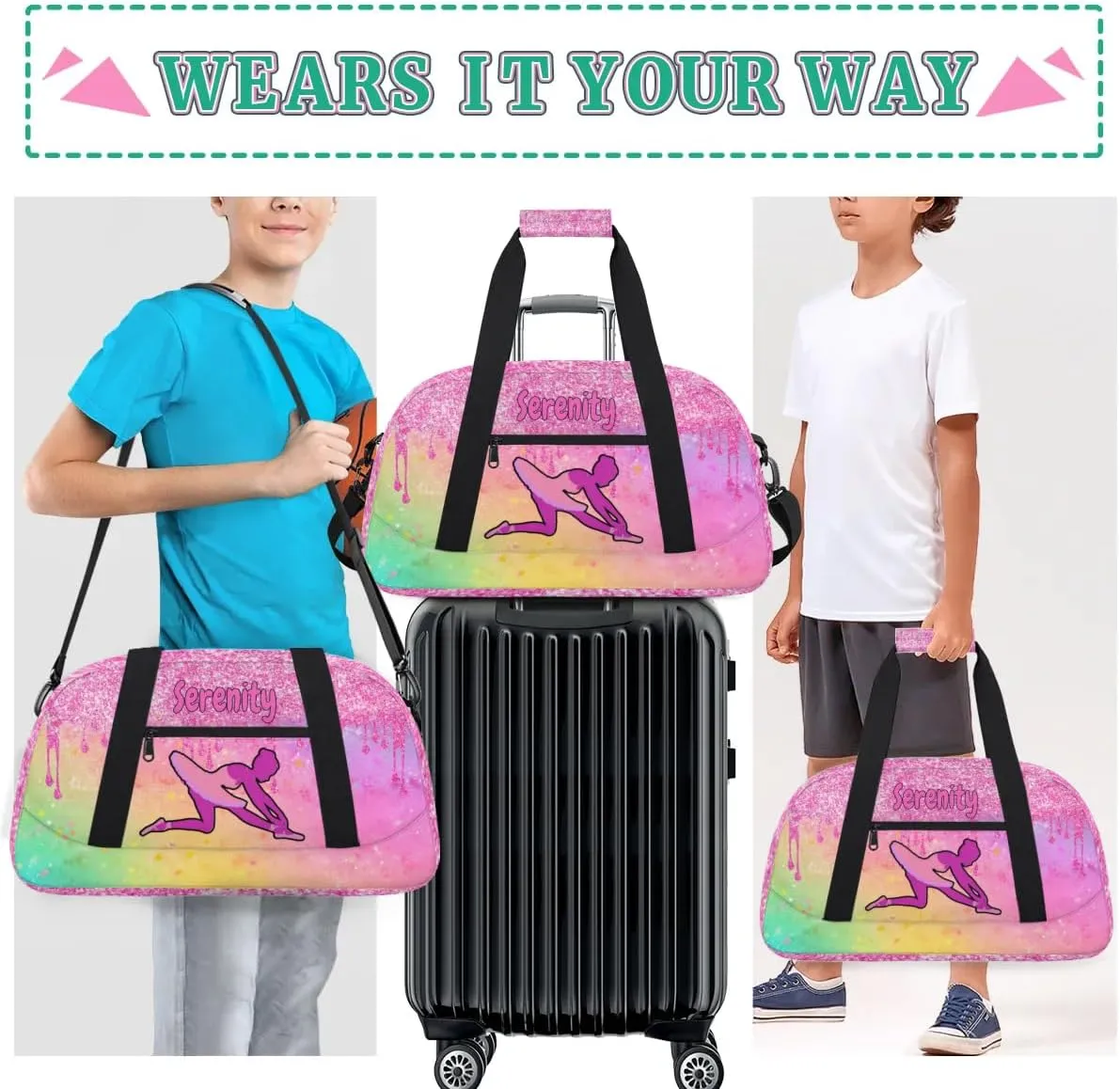 Personalized Sports Gym Dance Bag with Name, Custom Dancing Ballet Duffel Bag Weekender Bags Overnight Travel Duffel Bag, Watercolor Yellow Pink with Bright Pink Glitter