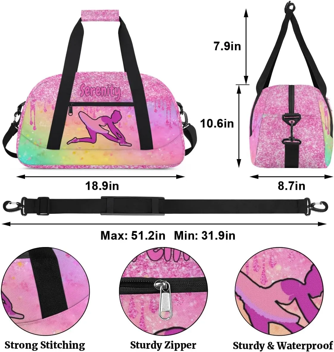 Personalized Sports Gym Dance Bag with Name, Custom Dancing Ballet Duffel Bag Weekender Bags Overnight Travel Duffel Bag, Watercolor Yellow Pink with Bright Pink Glitter