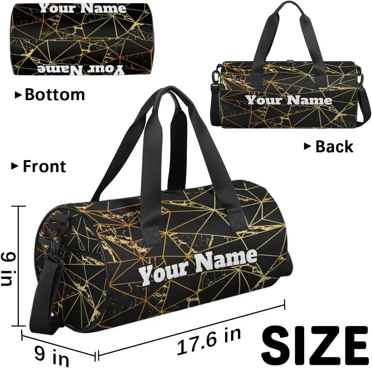 Personalized Triangle Sport Gym Bag, Custom Name Duffel Bags for Men, Waterproof Custom Sport Duffel Bag, Gymnastics Dance, Marble Texture