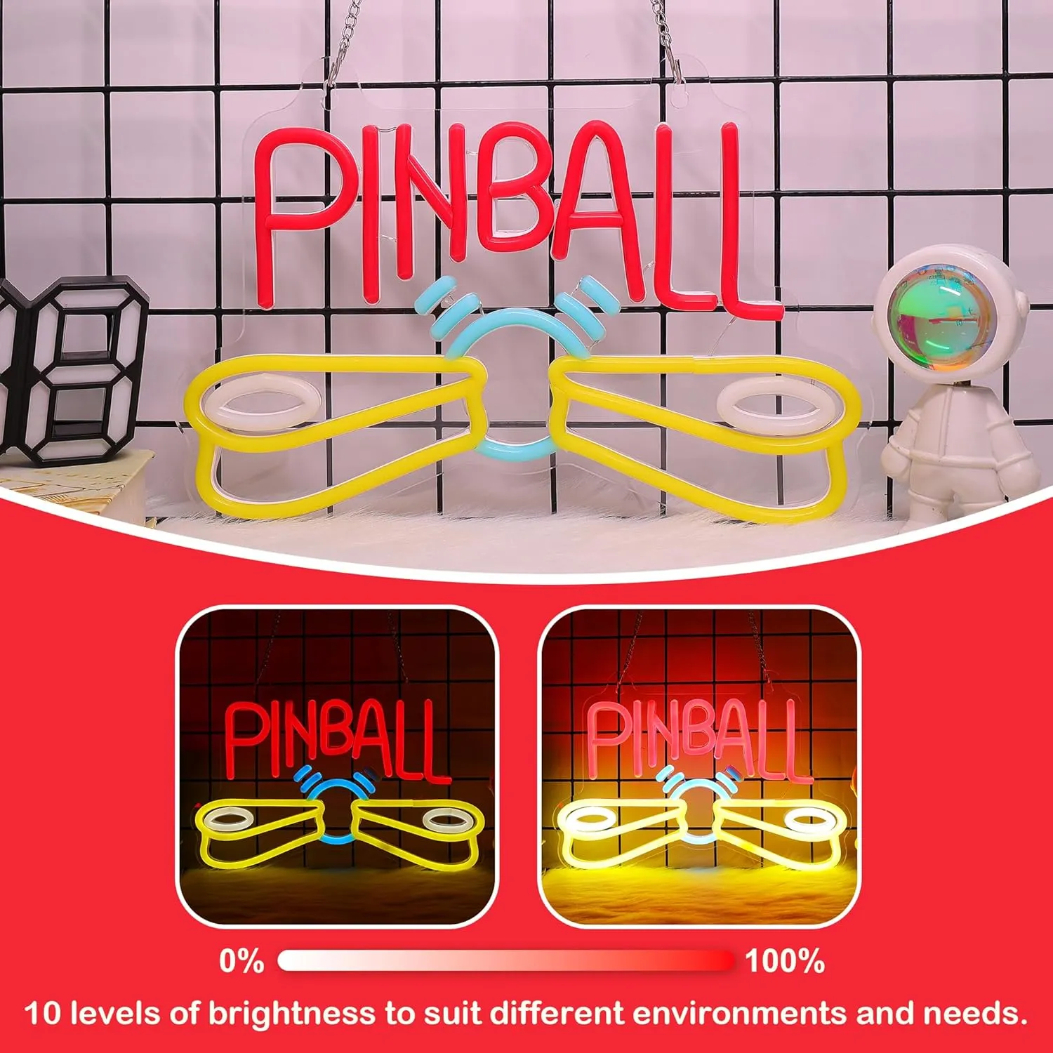 Pinball Neon Sign, Arcade Neon Sign, Game Room Wall Decorative Sign, Suitable for Pinball Store Sign Man Cave Bar Salon - Includes 5V USB Power and Hanging Chain Hooks