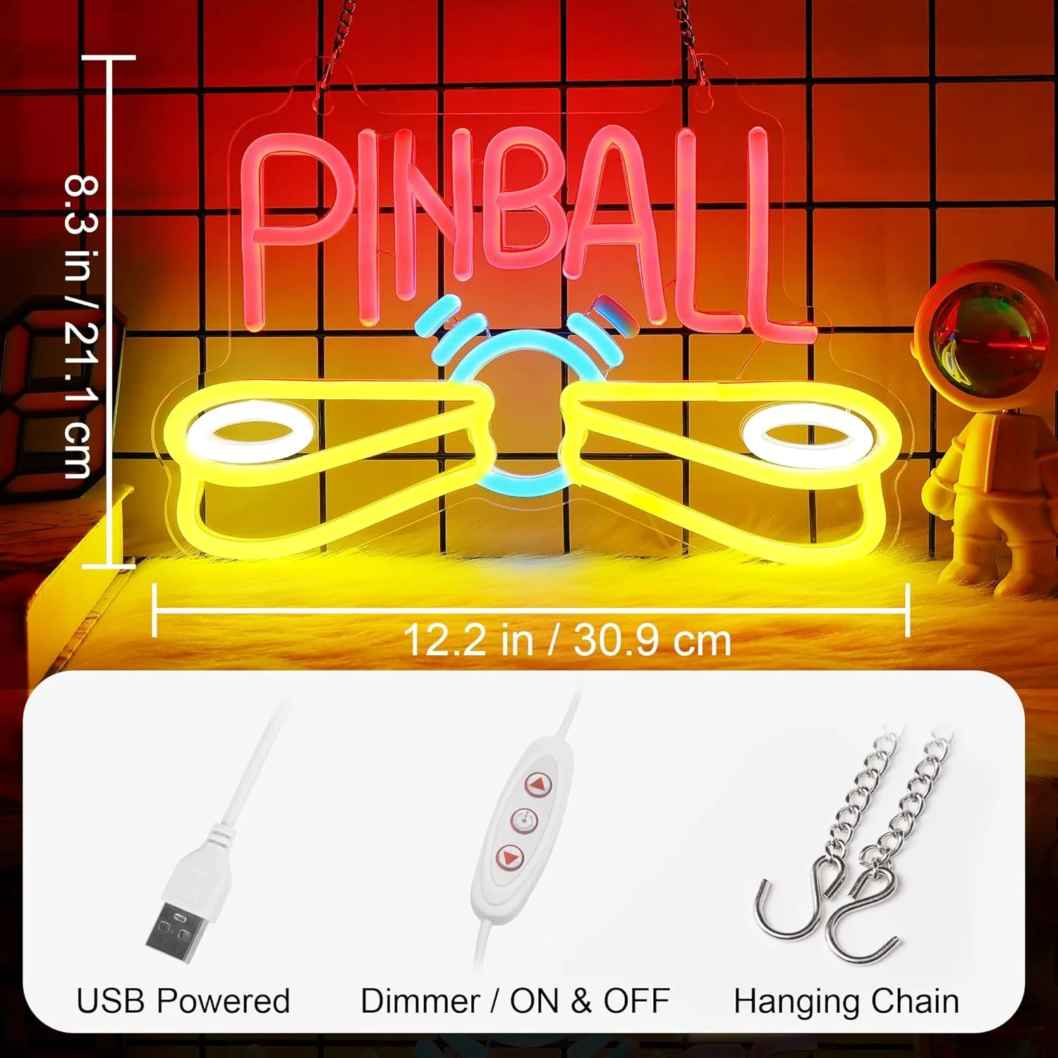 Pinball Neon Sign, Arcade Neon Sign, Game Room Wall Decorative Sign, Suitable for Pinball Store Sign Man Cave Bar Salon - Includes 5V USB Power and Hanging Chain Hooks