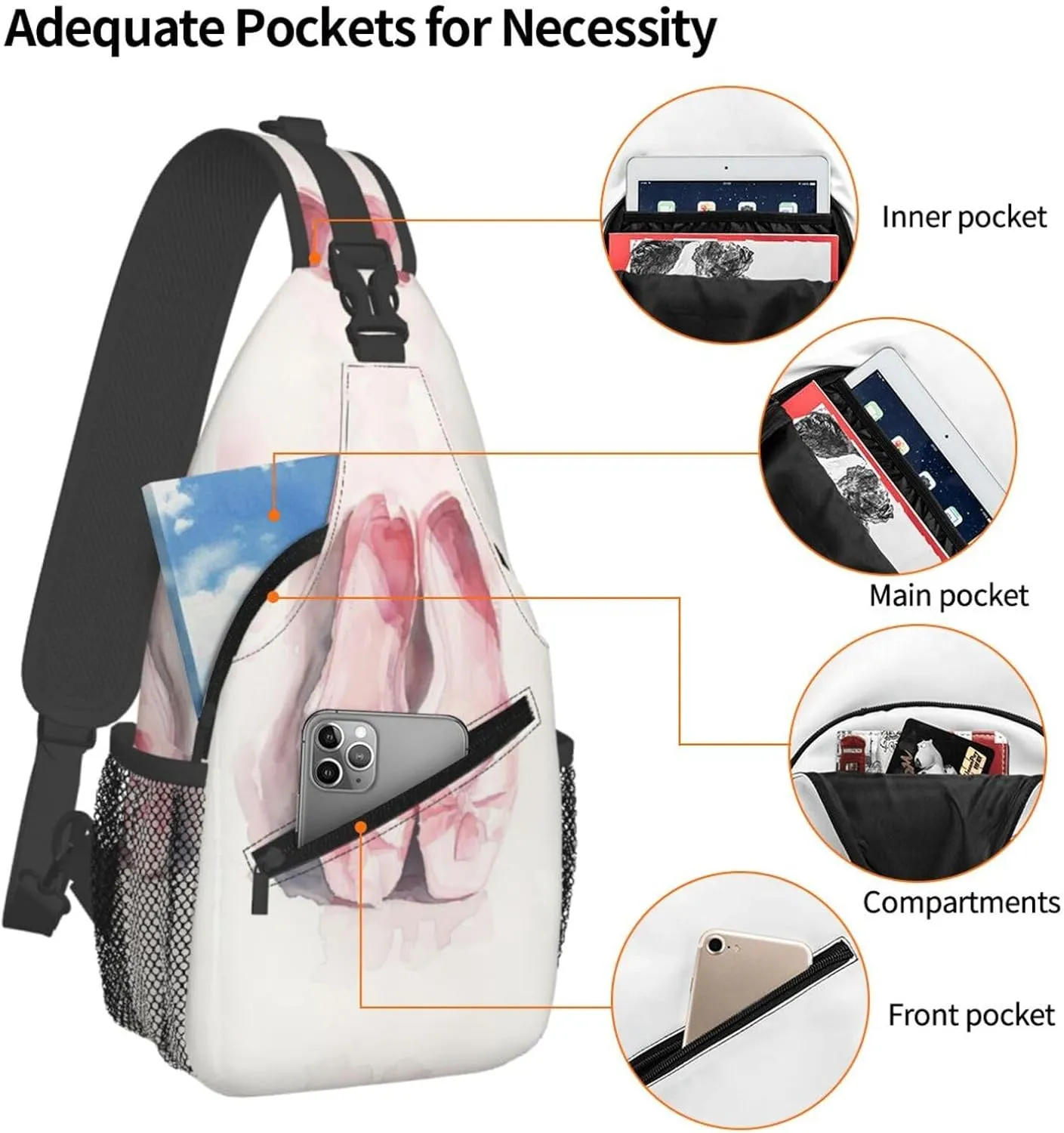 Pink Ballet Slippers Sling Bag For Men Crossbody Backpack,Women Shoulder Bag For Travel Sport