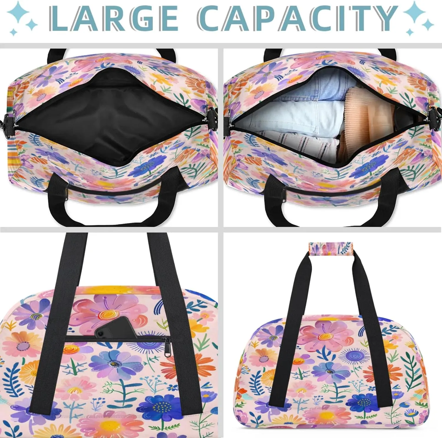 Pink Purple Floral Small Gym Bag 18 inch Carry On Duffel Bag for Weekender Travel Sports Workout Yoga Gymnastics Dance Ballet
