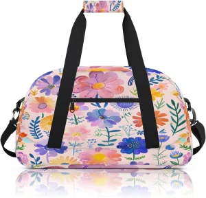 Pink Purple Floral Small Gym Bag 18 inch Carry On Duffel Bag for Weekender Travel Sports Workout Yoga Gymnastics Dance Ballet
