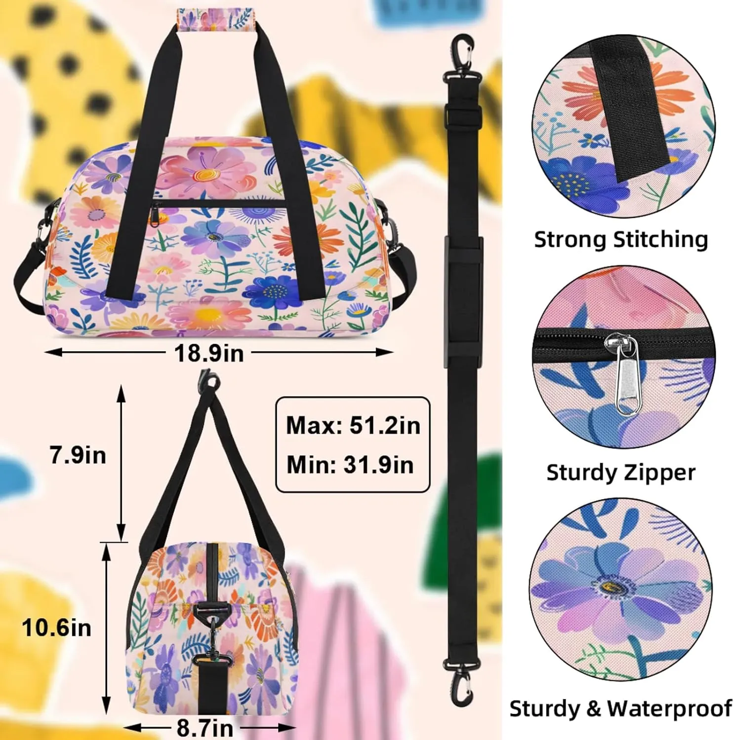 Pink Purple Floral Small Gym Bag 18 inch Carry On Duffel Bag for Weekender Travel Sports Workout Yoga Gymnastics Dance Ballet