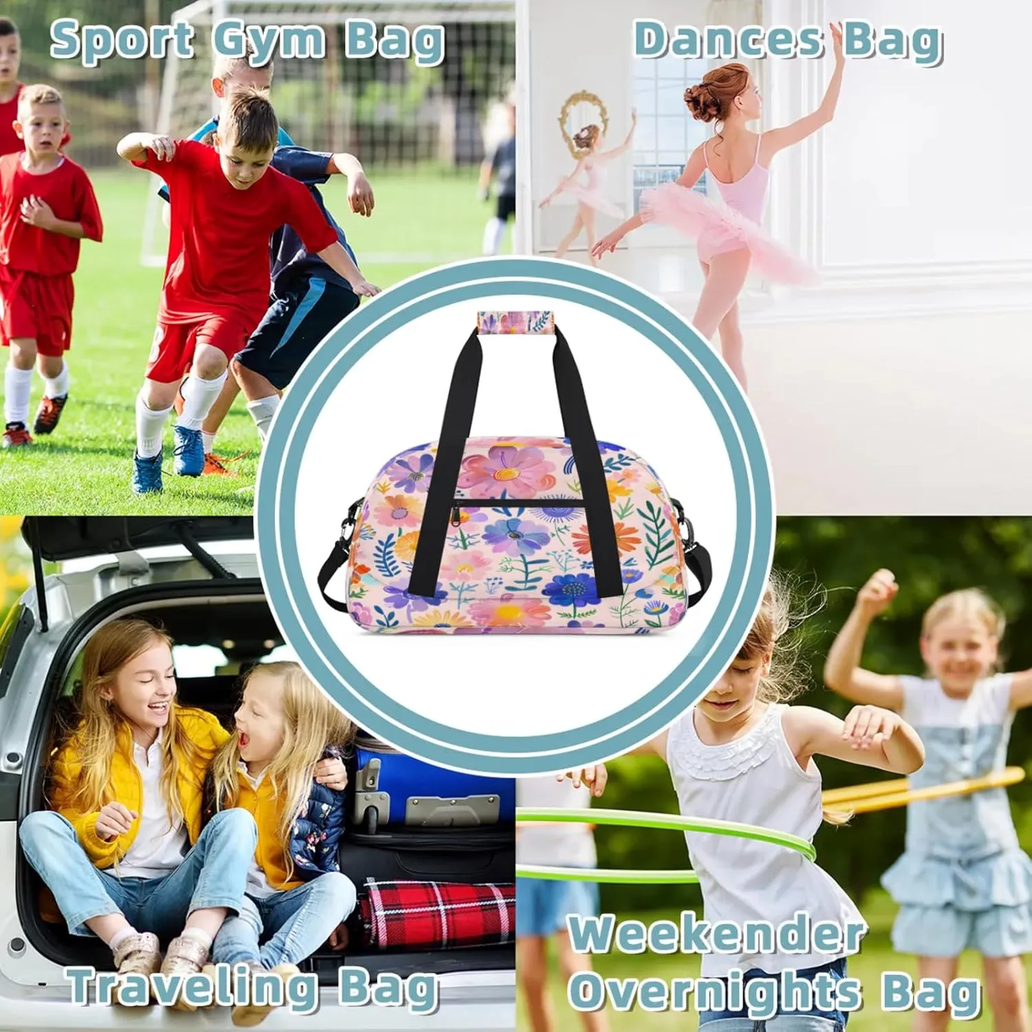 Pink Purple Floral Small Gym Bag 18 inch Carry On Duffel Bag for Weekender Travel Sports Workout Yoga Gymnastics Dance Ballet