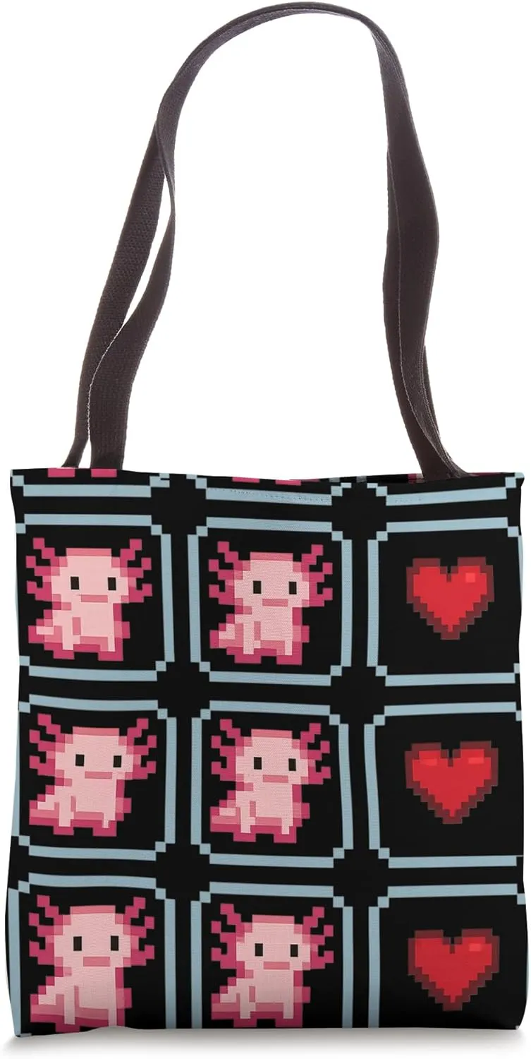 Pixel Axolotl Animation Grid Cute Heart Design Tote Bag