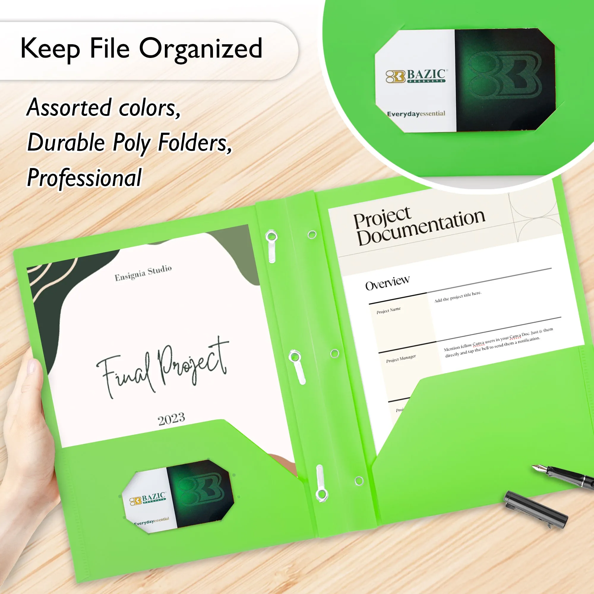 Poly 2-Pockets Portfolio - Solid Color w/ 3-Prong Fastener