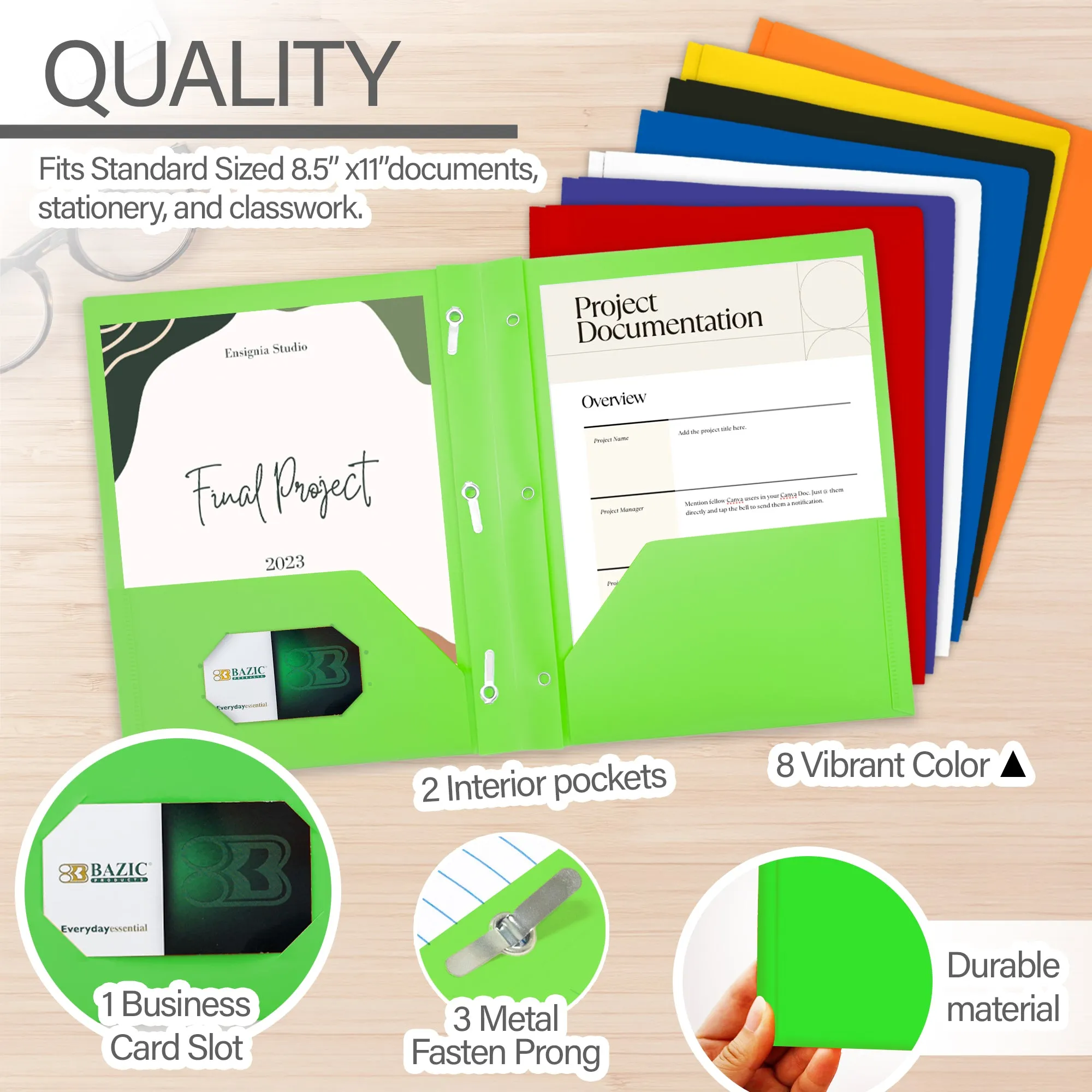 Poly 2-Pockets Portfolio - Solid Color w/ 3-Prong Fastener
