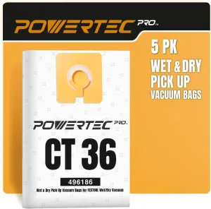 POWERTEC PRO 496186 Premium Vacuum Bags for Wet Mess & Dry Dust 5PK, for Festool CT 36 Extractor, 577084 Selfclean Filter Bags, Replacement Shop Vacuum Bags (75089)