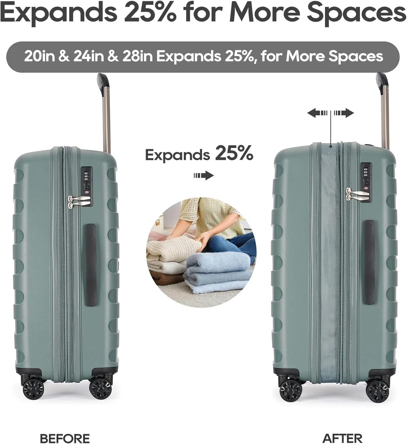 PP material 2-piece expandable luggage sets with Spinner Wheels， Suitcase with TSA Lock，Large Luggage for Family Travel carry on 20 28，Dark green color