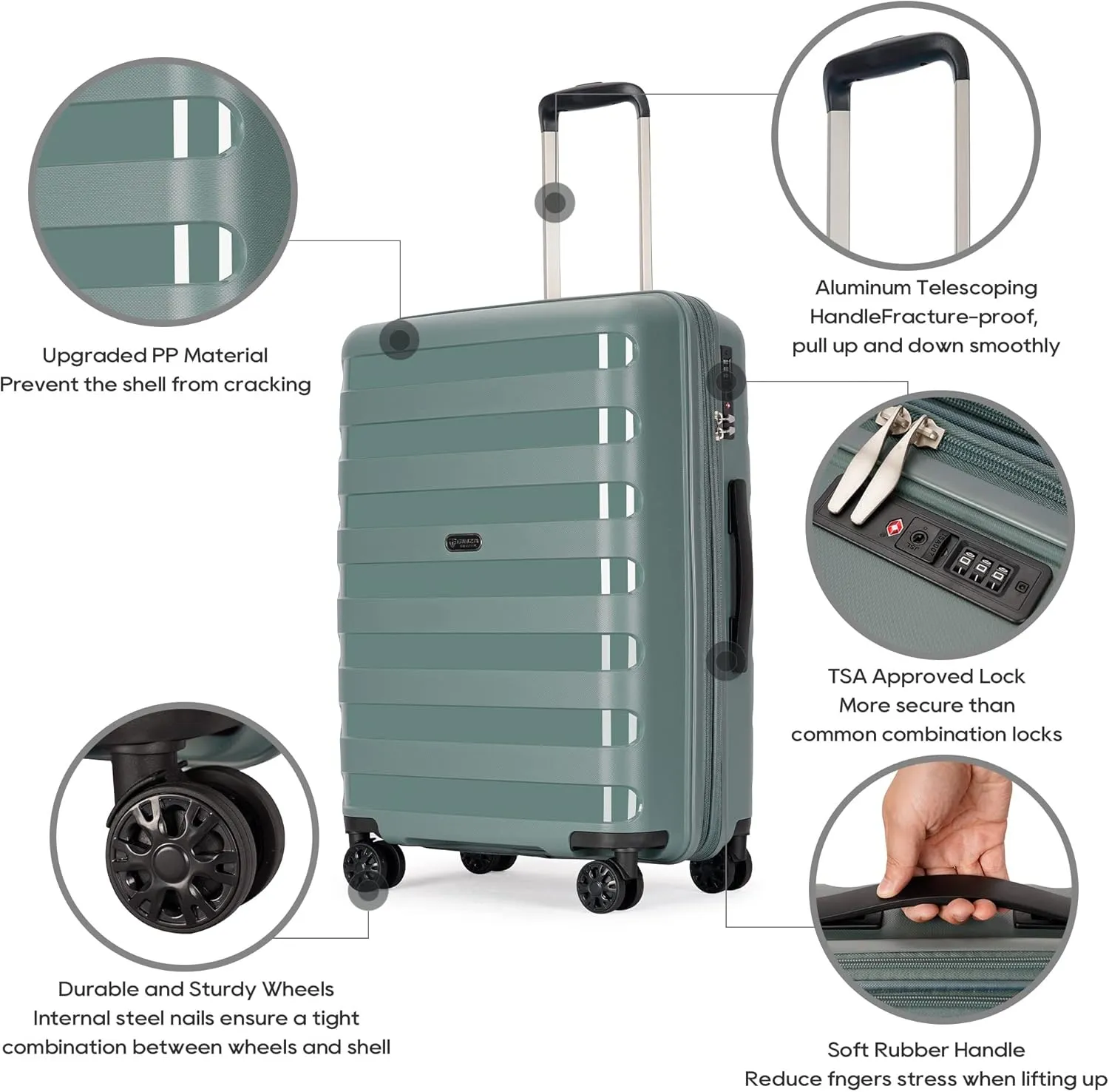 PP material 2-piece expandable luggage sets with Spinner Wheels， Suitcase with TSA Lock，Large Luggage for Family Travel carry on 20 28，Dark green color