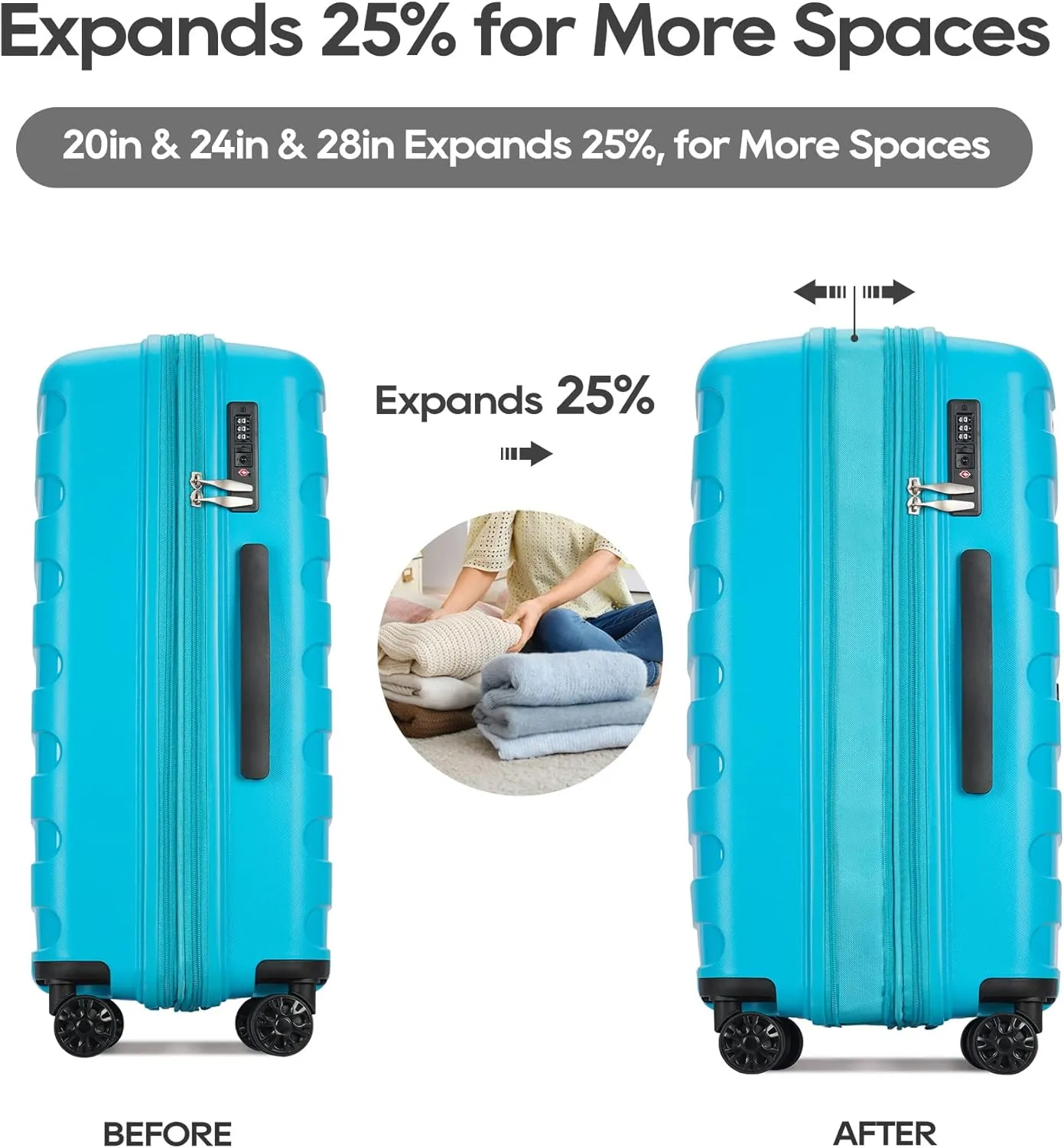 PP material 3-piece expandable luggage sets with Spinner Wheels， Suitcase with TSA Lock，Large Luggage for Family Travel carry on 20/24/28，Lake Blue color
