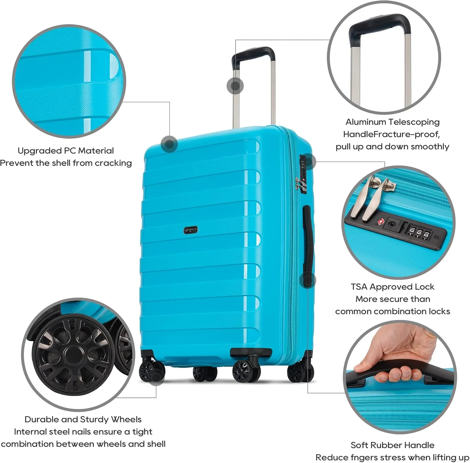 PP material 3-piece expandable luggage sets with Spinner Wheels， Suitcase with TSA Lock，Large Luggage for Family Travel carry on 20/24/28，Lake Blue color