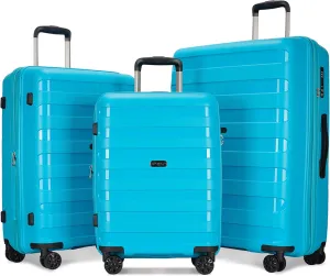 PP material 3-piece expandable luggage sets with Spinner Wheels， Suitcase with TSA Lock，Large Luggage for Family Travel carry on 20/24/28，Lake Blue color