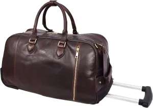 Premium Leather Wheeled Holdall Cabin Size Weekend Travel Duffle Bag AL50, Brown, L, Holdall