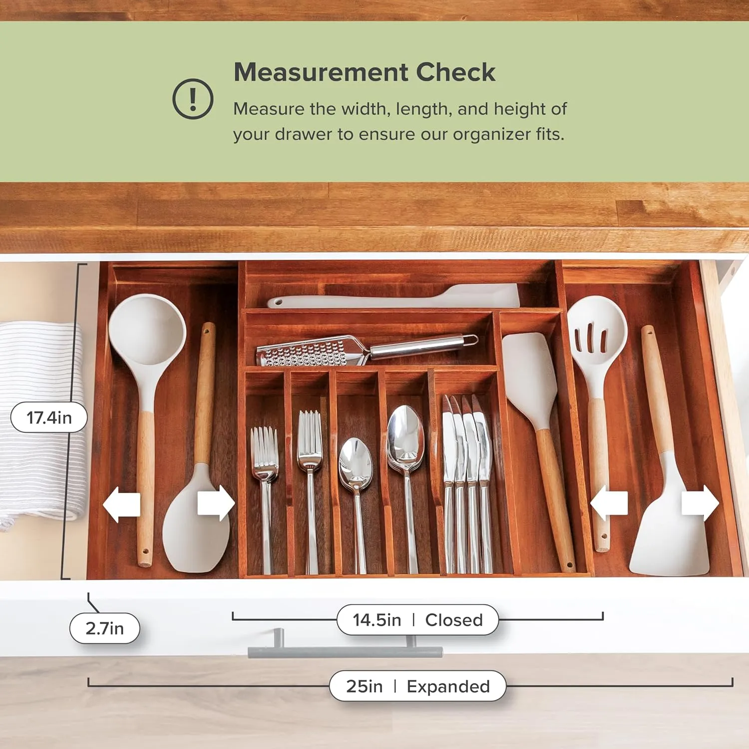 Premium Silverware, Flatware and Utensil Organizer for Kitchen Drawers, Expandable 14.5 to 25 Inches Wide, 10 Compartments, Food-Safe Premium Acacia Wood Finish Kitchen Storage Tray