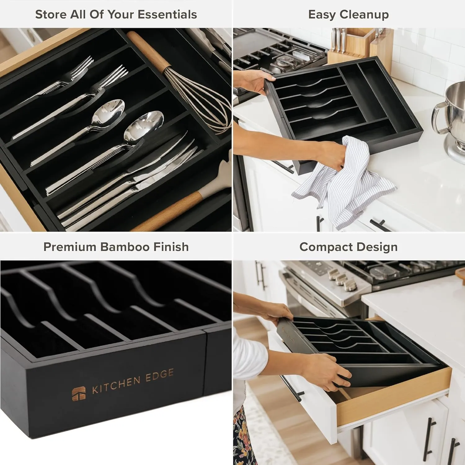 Premium Silverware, Flatware and Utensil Organizer for Kitchen Drawers, Food-Safe Contract Grade, Expandable from 14.5 to 25 In, Black Bamboo
