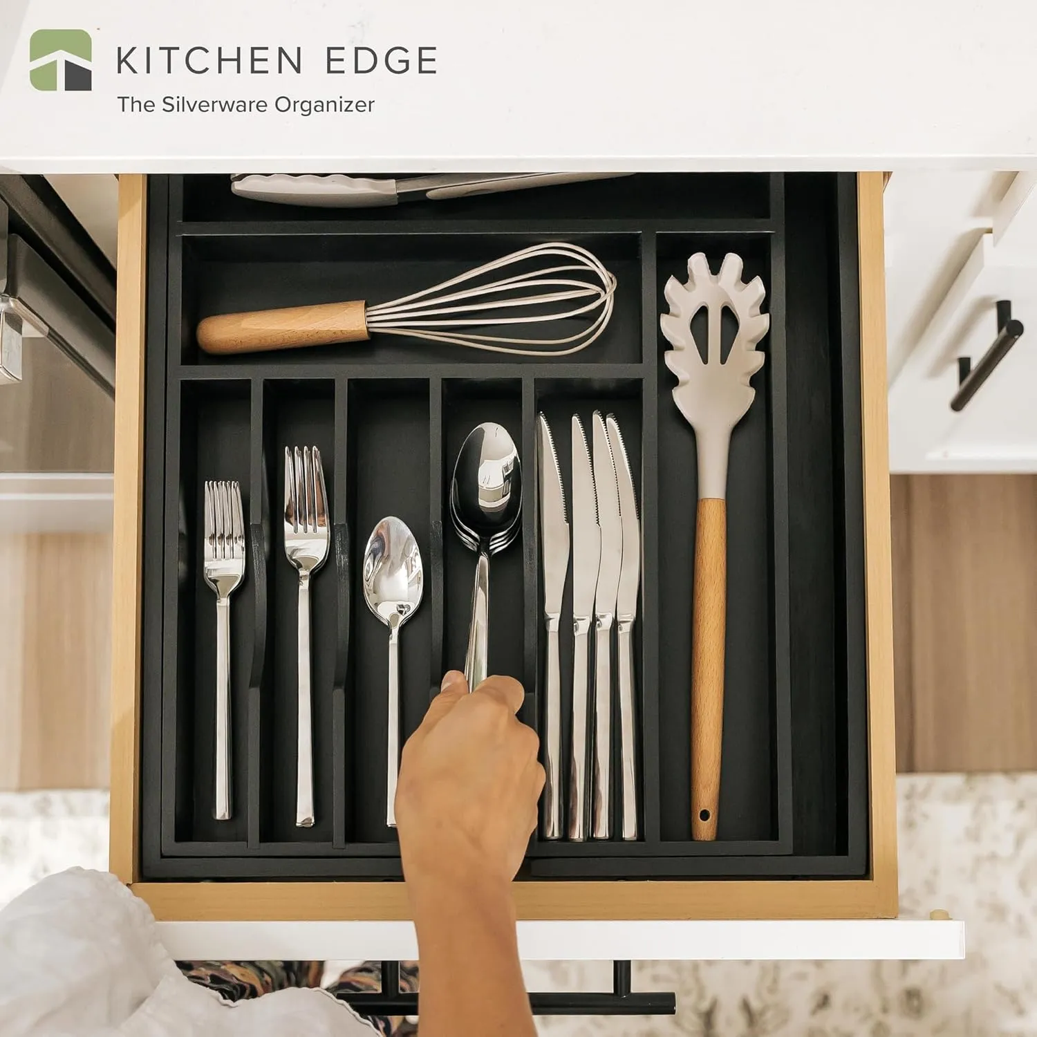 Premium Silverware, Flatware and Utensil Organizer for Kitchen Drawers, Food-Safe Contract Grade, Expandable from 14.5 to 25 In, Black Bamboo