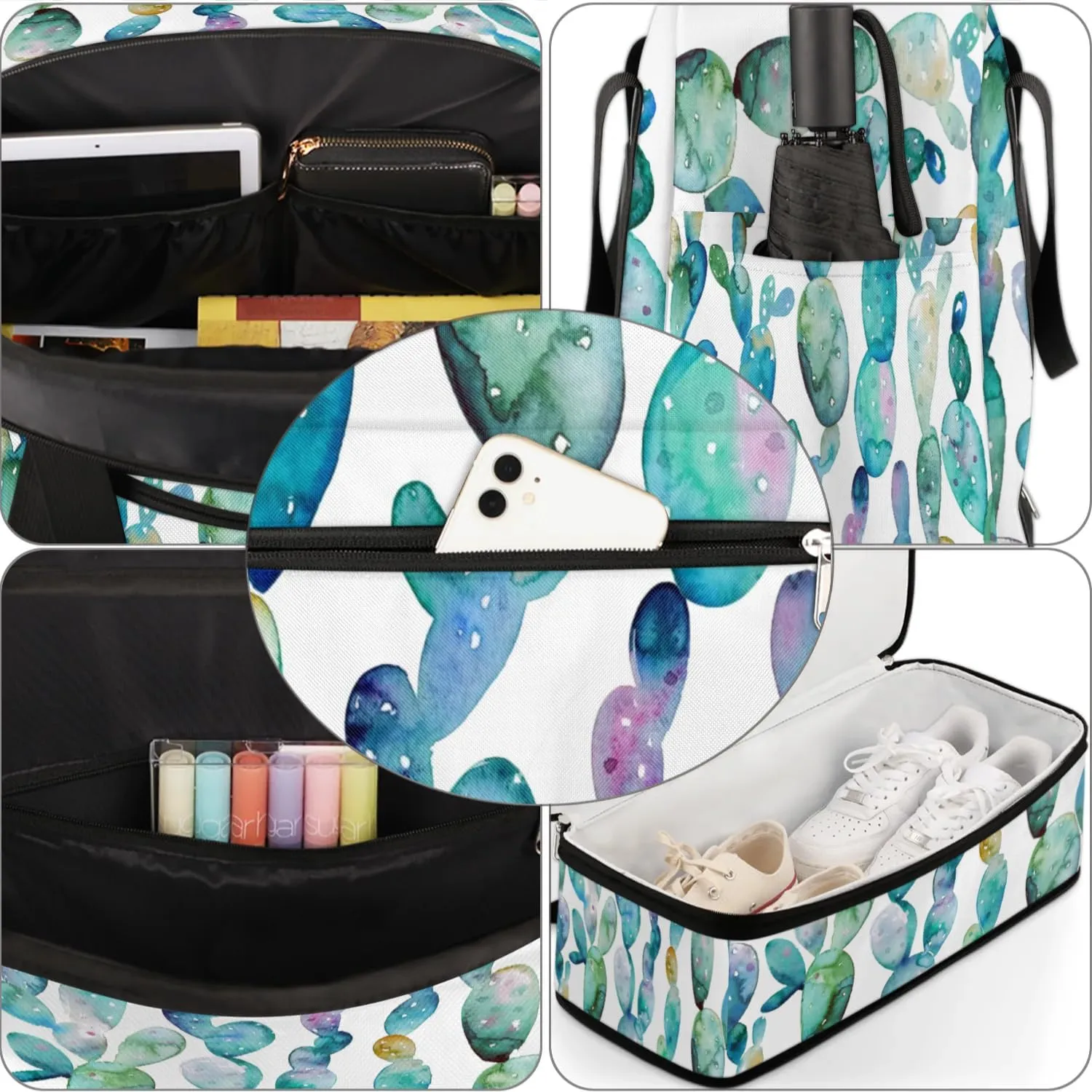 Pretty Cactus Sports Gym Bag with Shoes Compartment Foldable Travel Duffel Bag Dry Wet Separated Sports Tote Workout Weekender Overnight Bag for Women Yoga Dance Work Training Handbag