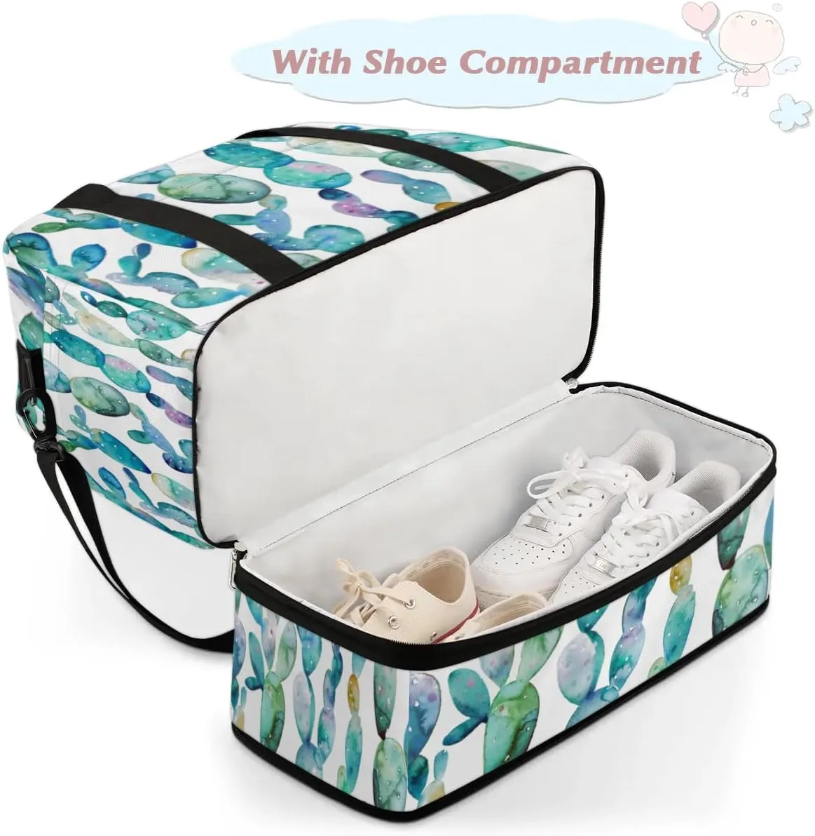 Pretty Cactus Sports Gym Bag with Shoes Compartment Foldable Travel Duffel Bag Dry Wet Separated Sports Tote Workout Weekender Overnight Bag for Women Yoga Dance Work Training Handbag