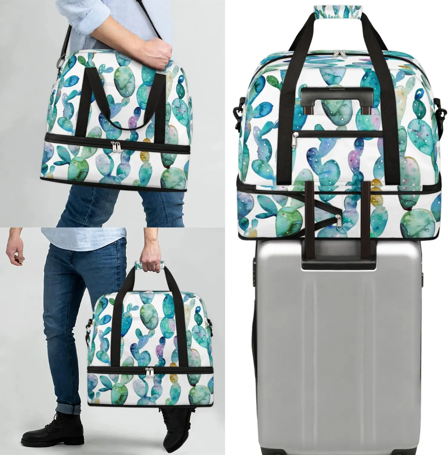 Pretty Cactus Sports Gym Bag with Shoes Compartment Foldable Travel Duffel Bag Dry Wet Separated Sports Tote Workout Weekender Overnight Bag for Women Yoga Dance Work Training Handbag