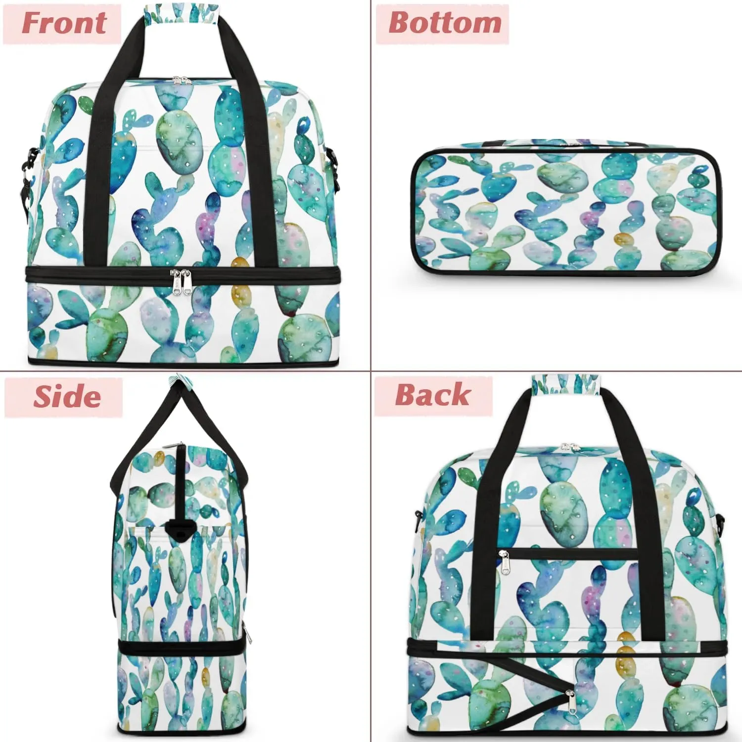 Pretty Cactus Sports Gym Bag with Shoes Compartment Foldable Travel Duffel Bag Dry Wet Separated Sports Tote Workout Weekender Overnight Bag for Women Yoga Dance Work Training Handbag