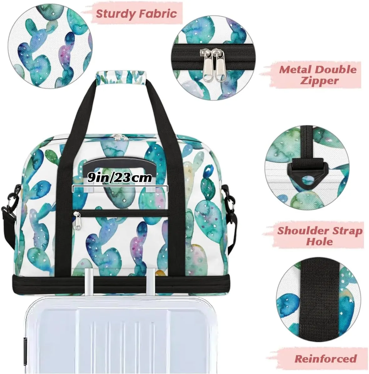 Pretty Cactus Sports Gym Bag with Shoes Compartment Foldable Travel Duffel Bag Dry Wet Separated Sports Tote Workout Weekender Overnight Bag for Women Yoga Dance Work Training Handbag