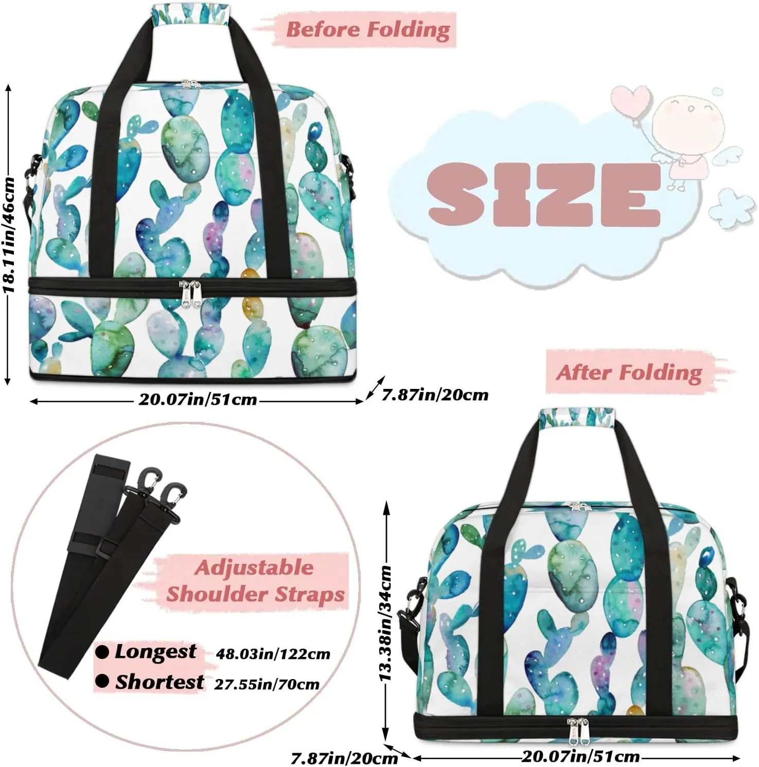 Pretty Cactus Sports Gym Bag with Shoes Compartment Foldable Travel Duffel Bag Dry Wet Separated Sports Tote Workout Weekender Overnight Bag for Women Yoga Dance Work Training Handbag