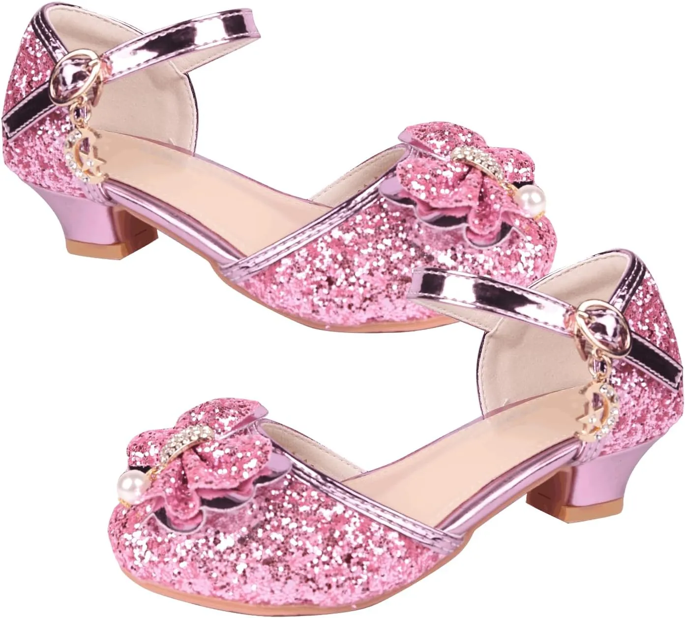 Princess Shoes Glitter-Girl Dress Shoes for Toddler Little Kid Round Toe with Bow,1.2" Low Heel for Wedding Christmas Party Father-Daughter Dance