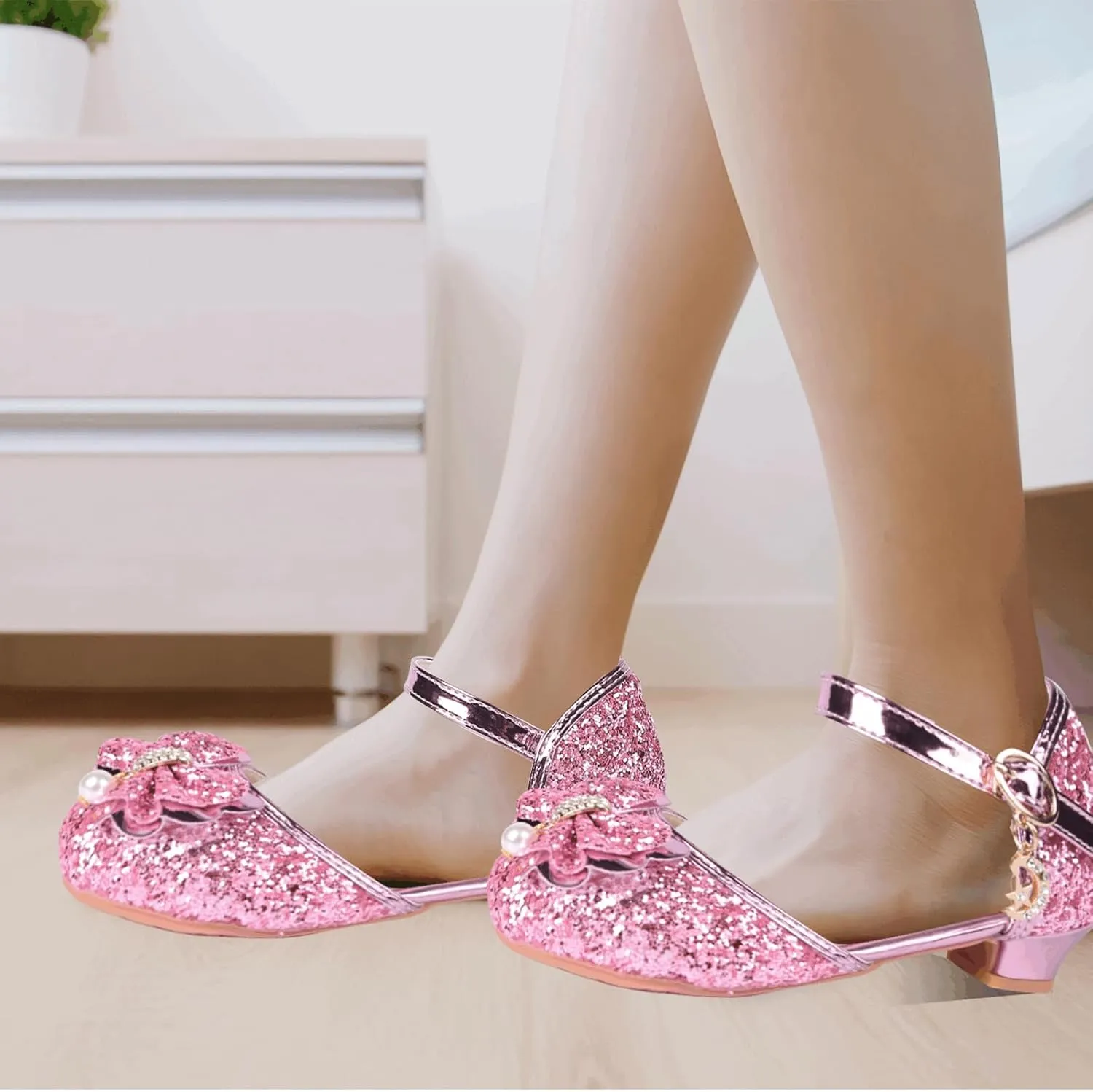 Princess Shoes Glitter-Girl Dress Shoes for Toddler Little Kid Round Toe with Bow,1.2" Low Heel for Wedding Christmas Party Father-Daughter Dance