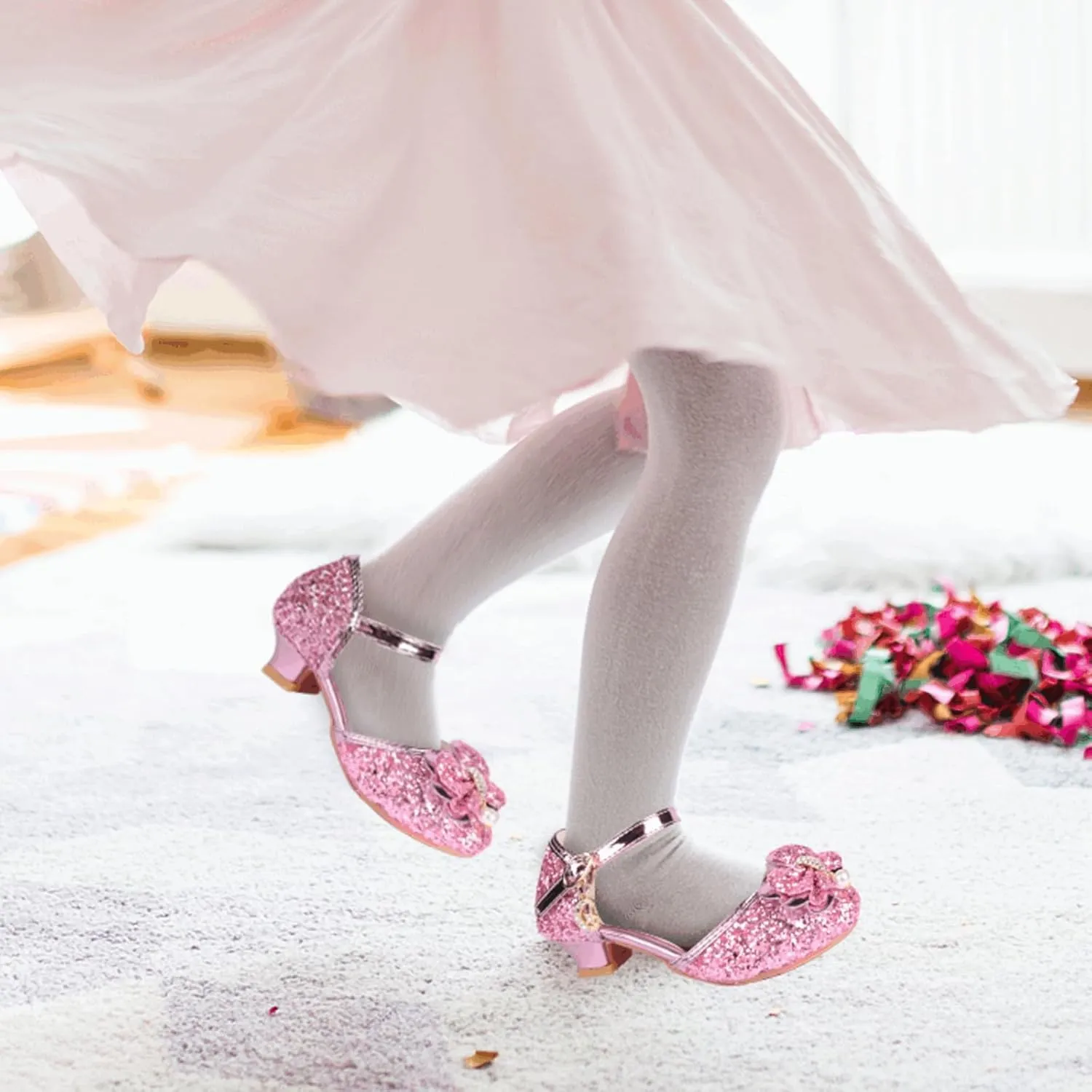 Princess Shoes Glitter-Girl Dress Shoes for Toddler Little Kid Round Toe with Bow,1.2" Low Heel for Wedding Christmas Party Father-Daughter Dance