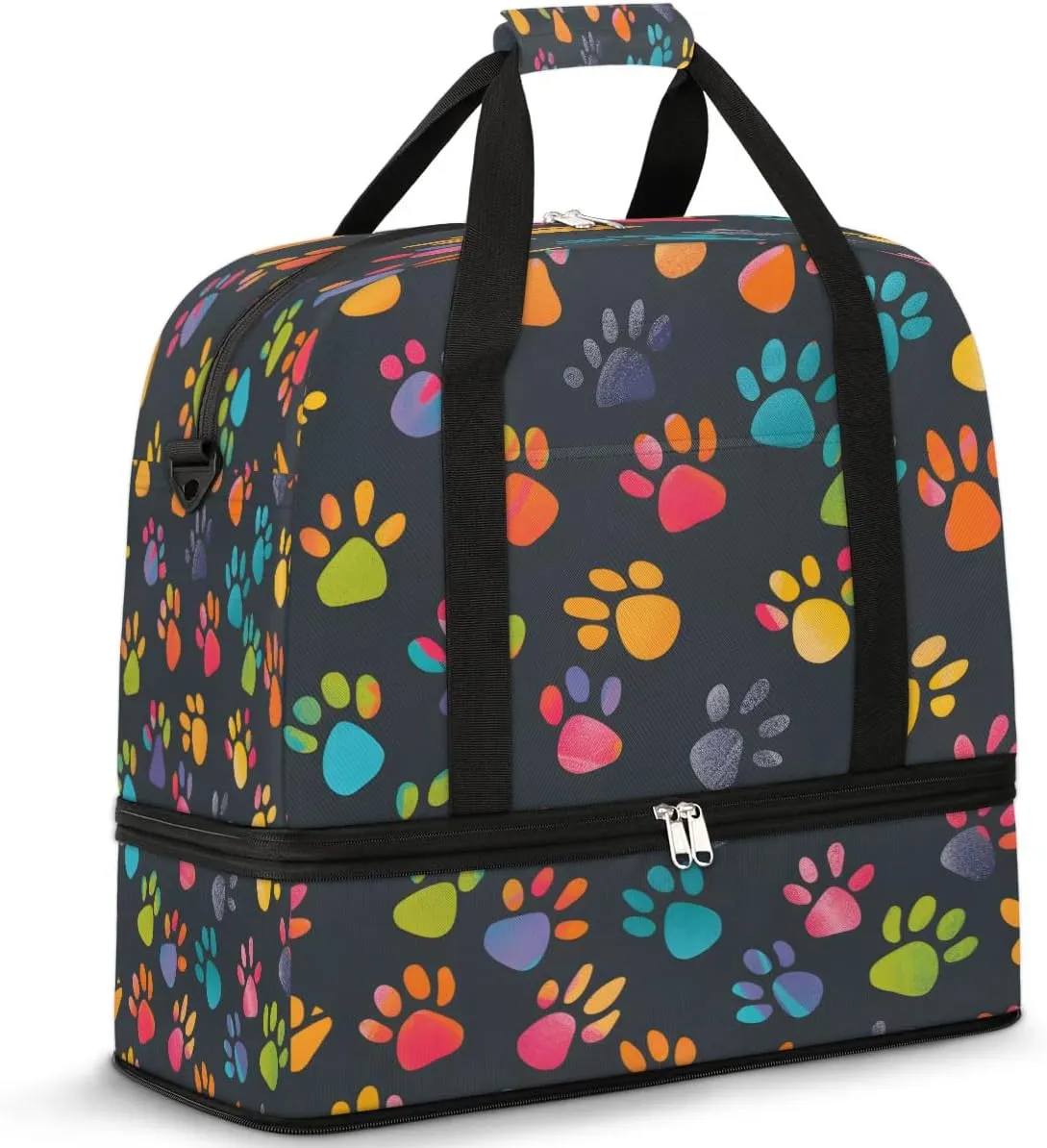 Puppy Paw Print Footprint Foldable Travel Duffel Bag Overnight Weekender Bags with Shoes Compartment Sports Gym Bags for Men Women
