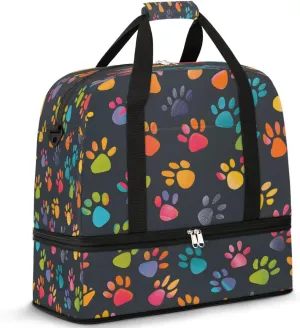 Puppy Paw Print Footprint Foldable Travel Duffel Bag Overnight Weekender Bags with Shoes Compartment Sports Gym Bags for Men Women