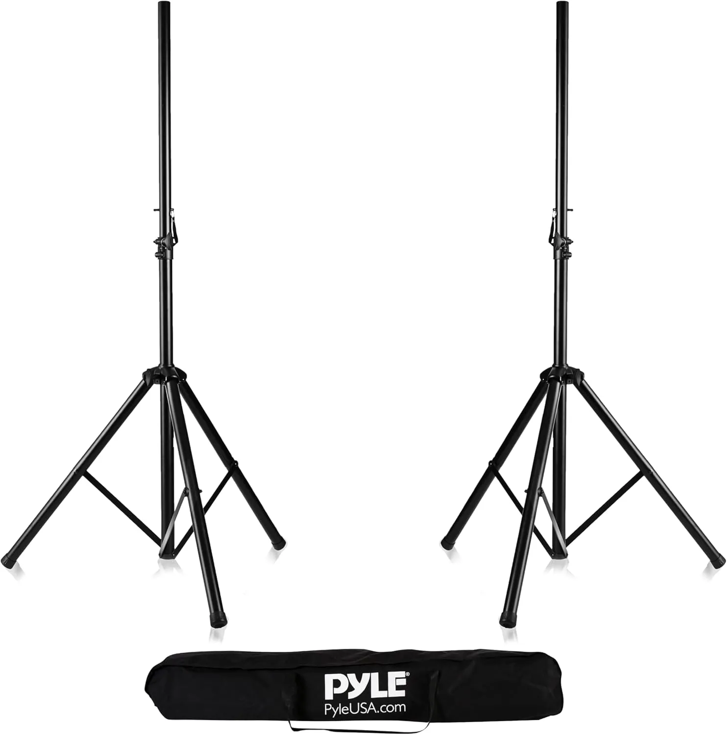 Pyle Universal Dual PA DJ Tripod 2 Speaker Stand Kit with Adjustable Height & Storage Bag Constructed with Heavy Duty Durable Steel & Lightweight for Easy Mobility Safety PIN Screw Locks PSTK107,Black