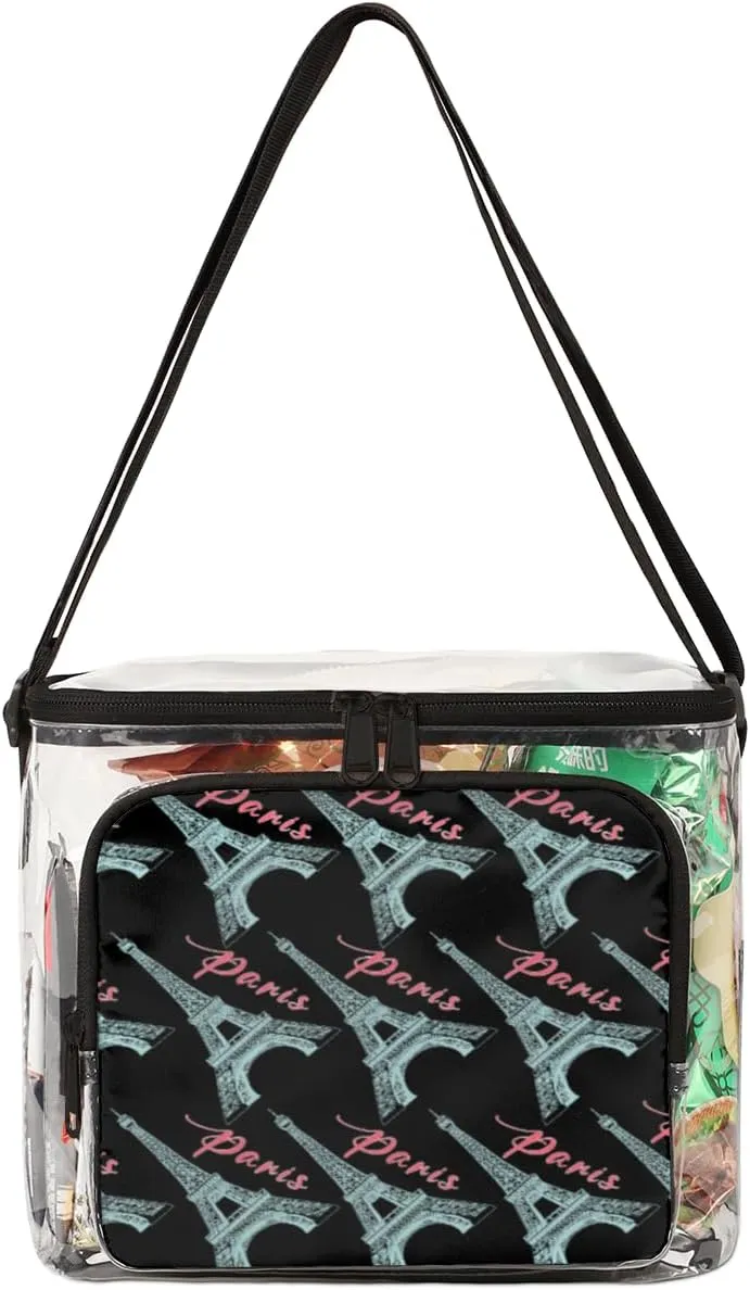 QsirBC Hand Painted Paris Pylons Clear Lunch Bag Transparent PVC Food Bag with Adjustable Shoulder Strap Through Tote for Work Concerts Sporting Events Freezer Storage