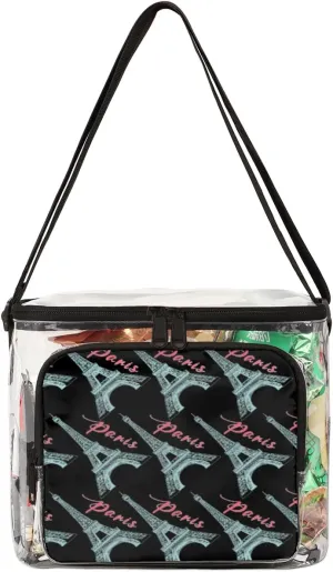 QsirBC Hand Painted Paris Pylons Clear Lunch Bag Transparent PVC Food Bag with Adjustable Shoulder Strap Through Tote for Work Concerts Sporting Events Freezer Storage