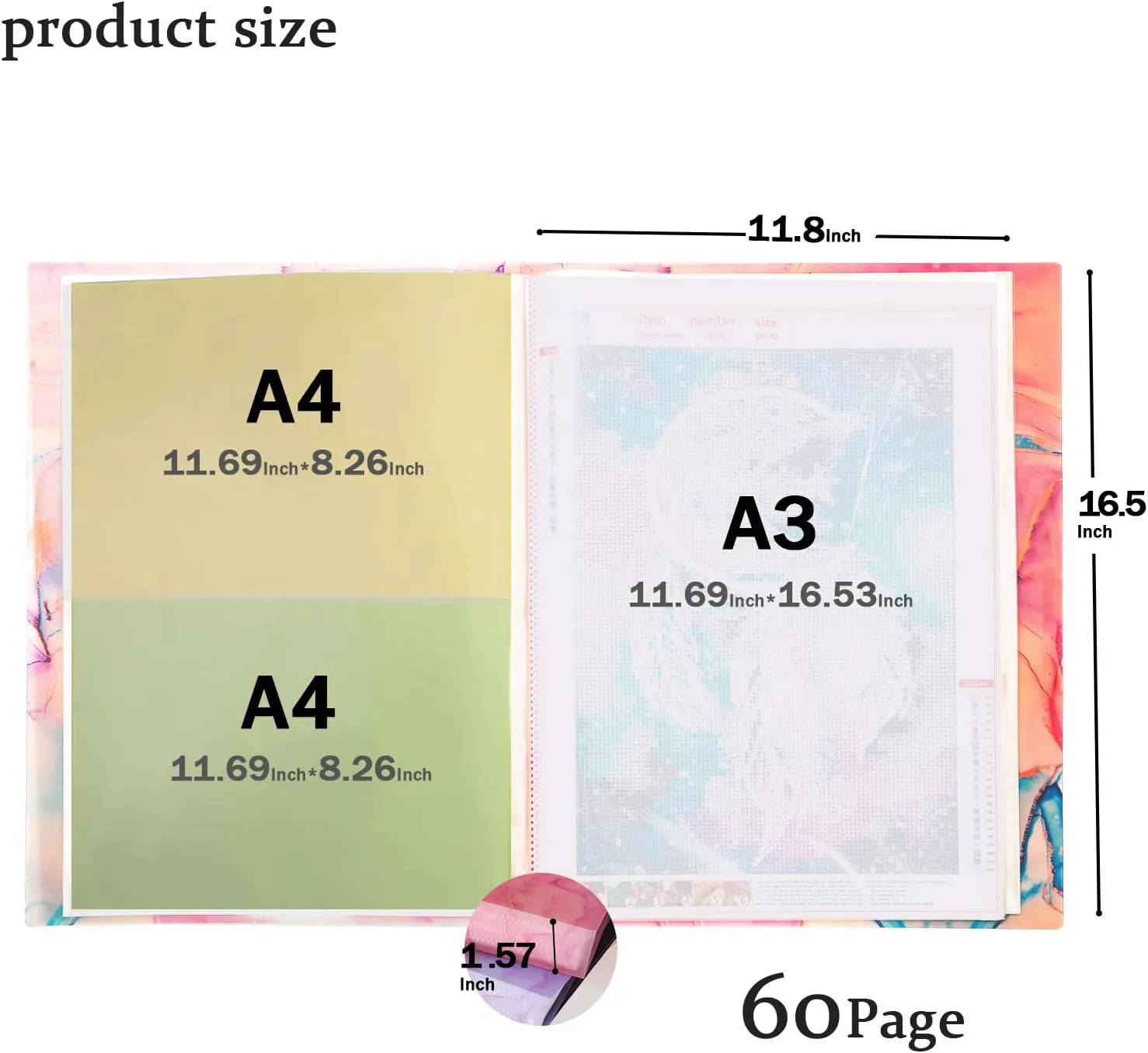Qunrwe Portfolio Folder for Artwork,A3 Art Portfolios Case 60 Pages,Marble Pink Diamond Painting Storage Book,11.8 x 16.5 inch Pocket Protector with Index Stickers,Report,Photo